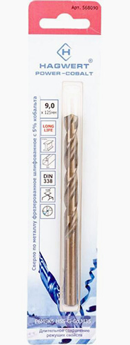 Сверло по металлу 9х125 мм  Power-Cobalt Р6М5К5 фрез., Hagwert